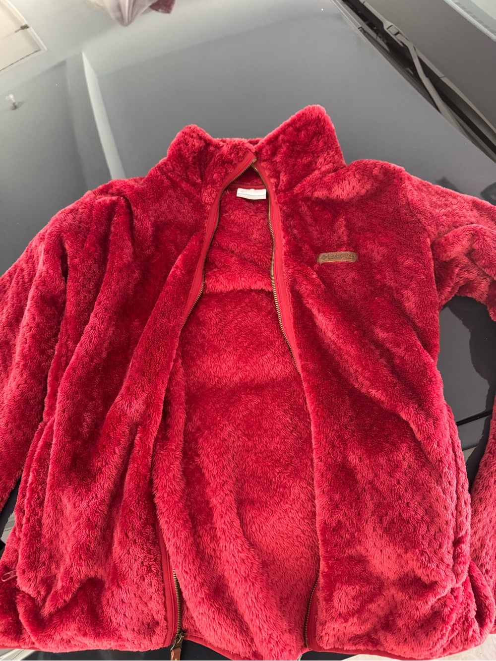 Plush Red Columbia Jacket with Zip Front